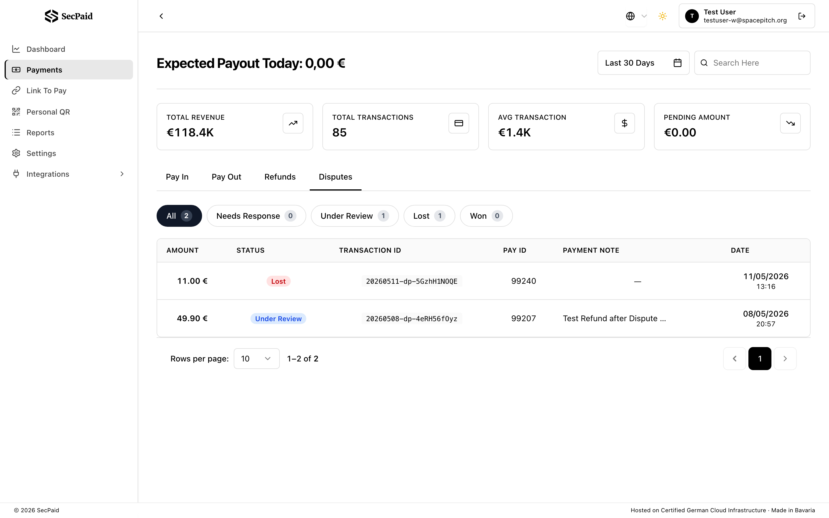 SecPaid disputes screen showing chargebacks under review and their status
