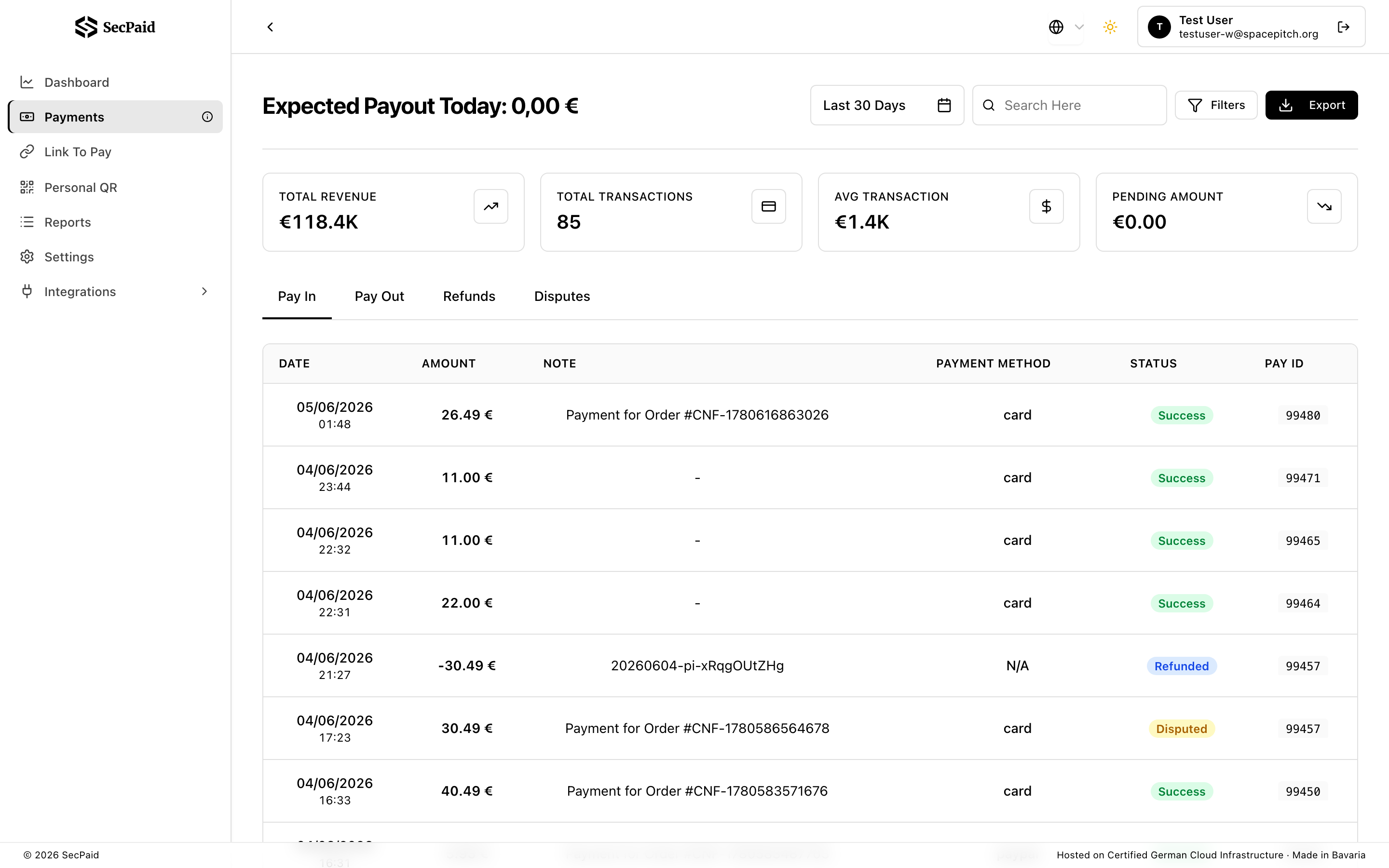 SecPaid payments list with statuses, amounts, and payment methods