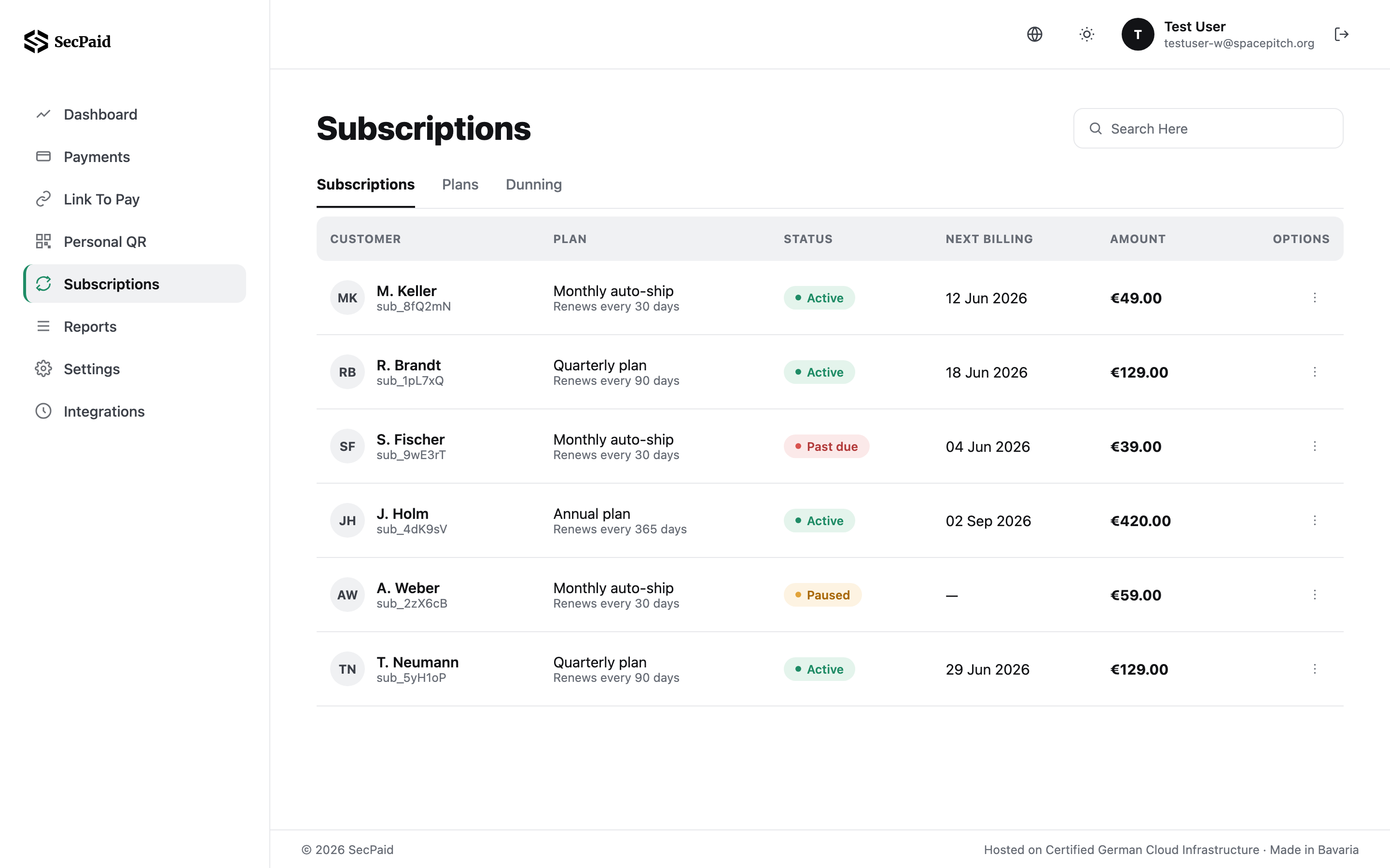 SecPaid subscriptions screen